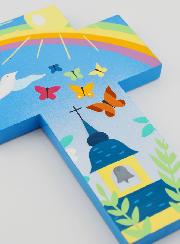 Croix Enfant en Bois Eglise Papillons et Arc-en-ciel  15 cm
