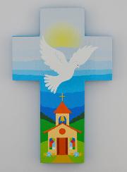 Croix Enfant en Bois Colombe de l'Esprit Saint et Eglise - Bleue