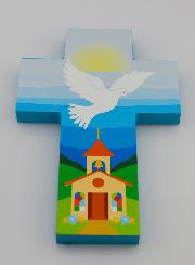 Croix Enfant en Bois Colombe de l'Esprit Saint et Eglise - Bleue