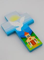 Croix Enfant en Bois Colombe de l'Esprit Saint et Eglise - Bleue