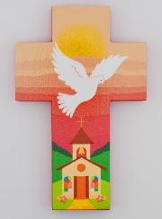 Croix Enfant en Bois Colombe de l'Esprit Saint et Eglise - Rose