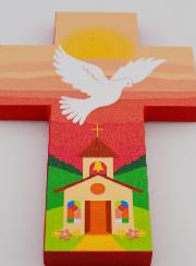 Croix Enfant en Bois Colombe de l'Esprit Saint et Eglise - Rose