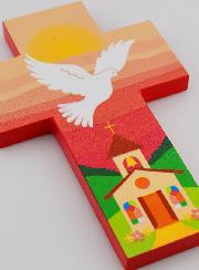 Croix Enfant en Bois Colombe de l'Esprit Saint et Eglise - Rose