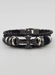 Bracelet Cuir Noir et Croix Métal Fashion