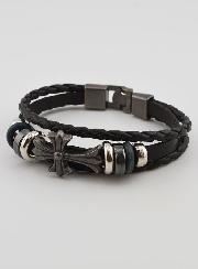 Bracelet Cuir Noir et Croix Métal Fashion