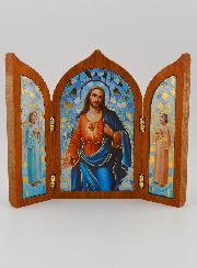 Icône Triptyque du Sacré Coeur de Jésus en Bois