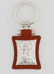 Porte-Clés de Notre Dame de Lourdes en Cuir Marron et Médaille Argent
