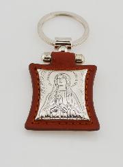 Porte-Clés de Notre Dame de Lourdes en Cuir Marron et Médaille Argent