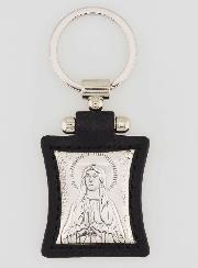 Porte-Clés de Notre Dame de Lourdes en Cuir Noir et Médaille Argent