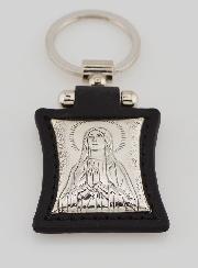 Porte-Clés de Notre Dame de Lourdes en Cuir Noir et Médaille Argent