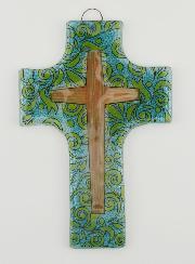 Croix en Verre Motif Moderne Fleuri - 12 cm