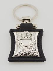 Porte-Clés Calice & Eucharistie en Cuir Noir et Médaille Argent