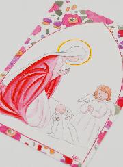 Carte de Baptême - Vierge Marie et Ange-Gardien - Fleurs Rose