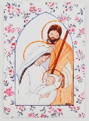 Carte de Baptême - Sainte Famille - Fleurs Rose
