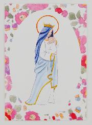 Carte de Baptême - Vierge Couronnée à l'Enfant Jésus - Fleurs Rose