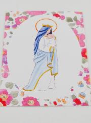 Carte de Baptême - Vierge Couronnée à l'Enfant Jésus - Fleurs Rose