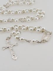 Chapelet en Perles Blanches - Médaille de Lourdes - 60 cm