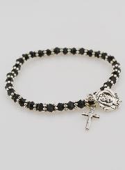 Bracelet Religieux Perles Noires - Médaille et Croix de Lourdes