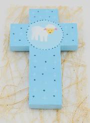 Croix en Bois Petite Brebis Bleu - Cadeau de Baptême
