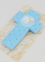 Croix en Bois Petite Brebis Bleu - Cadeau de Baptême