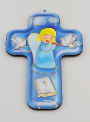 Croix en Bois Ange Musicien - Cadeau de Baptême