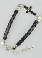 Bracelet Croix Mode Strass Noir - Cuir et Argenté