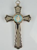 Croix de Saint Benoit en Métal Argenté et Médaille - 20 cm