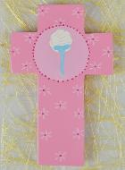 Croix Enfant en Bois Eau du Baptême - Rose - 12 cm