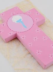 Croix Enfant en Bois Eau du Baptême - Rose - 12 cm