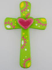 Croix Enfant Verte et Coeur Rose - 15cm