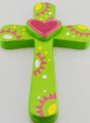 Croix Enfant Verte et Coeur Rose - 15cm