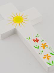 Croix Enfant en Bois - Soleil d'Amour et Fleurs