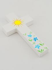 Croix Enfant en Bois - Soleil et Fleurs