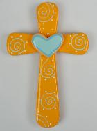 Croix en Bois Orange et Coeur Bleu