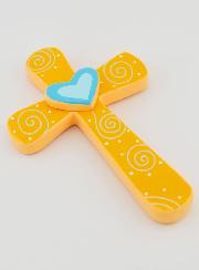 Croix en Bois Orange et Coeur Bleu