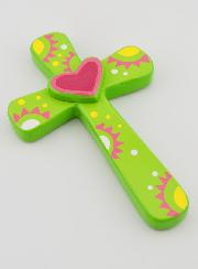 Croix en Bois - Verte - Coeur Rose