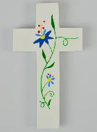 Croix Enfant en Bois - Fleurs Bleues