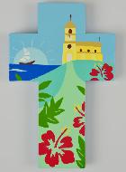 Croix Enfant en Bois - Église et Bateau à Voile
