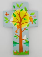 Croix Enfant en Bois - Arbre de Vie et Oiseaux