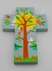 Croix Enfant en Bois - Arbre de Vie et Oiseaux