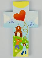 Croix Enfant en Bois - Église & Cerf-Volant Coeur