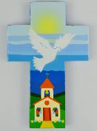 Croix Enfant en Bois Colombe de l'Esprit Saint et Eglise - Bleue