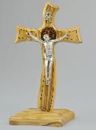 Crucifix sur Socle de Saint Benoît en Bois d'Olivier - 18cm