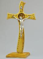 Croix de Saint Benoît en Bois d'Olivier sur Socle - 33cm