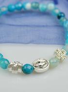 Bracelet Religieux Vierge Miraculeuse en Agate Bleue & Croix Diamants