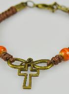 Bracelet Religieux avec Croix - Cuir & Bois Orange