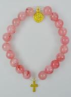 Bracelet Religieux en Pierres d'Agate Rose - Médaille St Benoît et Croix