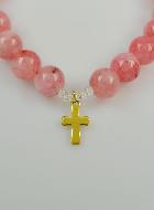 Bracelet Religieux en Pierres d'Agate Rose - Médaille St Benoît et Croix