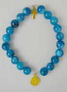 Bracelet Religieux en Pierre d'Agate Bleue - Médaille St Benoît & Croix