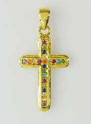Pendentif Croix en Laiton Doré et Zircons Multicolores - 19mm